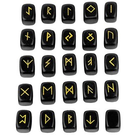 KYEYGWO Black Obsidian Witches Runes Set, Rune Stones with Engraved Elder Futhark Runic Alphabet for Divination Meditation Healing