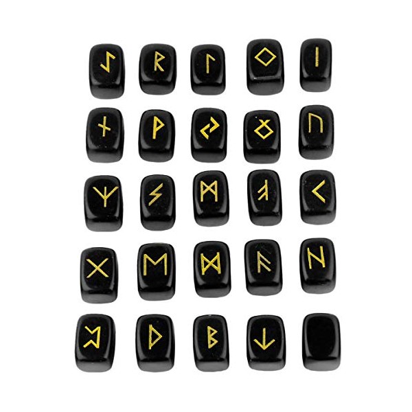 KYEYGWO Black Obsidian Witches Runes Set, Rune Stones with Engraved Elder Futhark Runic Alphabet for Divination Meditation Healing