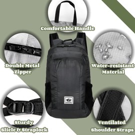 Hiking Day Pack, 20L Packable Backpack, Folding Backpack, Foldable Lightweight Water Resistant Hiking Backpacks, Beach Backpack, Ultralight Bag for Outdoor Sport Travel Hiking Camping Vocation(Black)