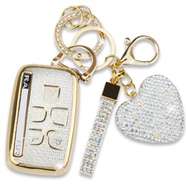 Simocky for Land Rover Key Fob Cover with Heart Keychain for Women, Compatible with Range Rover Evoque Sport Velar Land Rover Discovery Jaguar F-Pace F-Type XE XEL XF XFL XJ (5 Buttons-Gold)