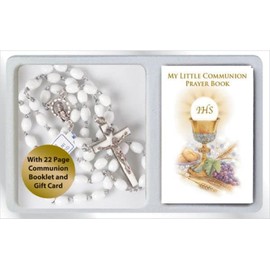 First Holy Communion White Rosary Beads with Prayer Booklet