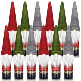 12 Pieces Gnome Wine Bottle Topper Bottle Covers Handmade Tomte Swedish Gnome Santa Claus Bottle Toppers for Christmas Dining Table Party Decorations