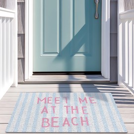SNNDER Coastal Preppy Beach Door Mat, Meet Me at The Beach Doormat for Front Door Porch Outdoor Outside Entrance, Blue Striped Beachy Welcome Mats Doormat, Ocean Bath Mats, 17x30 Inch