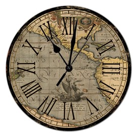 Rustic Style Round Wood Wall Clocks Retro World Map Roman Numerals Woodn Clock Battery Operated Silent Non-Ticking Wall Clocks for Cottage Living Room Bedroom Office 15x15in Decorations