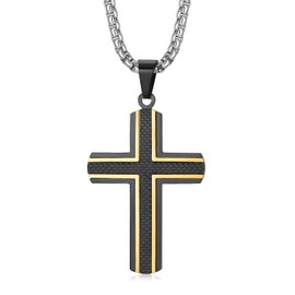 Zillaly men's stainless steel cross necklace, two-tone black and gold carbon fiber pendant-including gift box