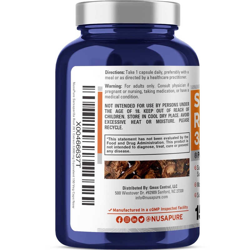 NusaPure Sarsaparilla Root 3000mg | 150 Veggie Caps | Non-GMO,