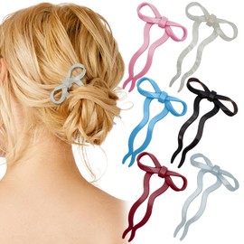 6PCS French Hair Pins Bow U Shaped Hair Forks Acetate Twist Wavy Hair Clips Double Prong Hair Updo Hair Sticks Large Decorative Hair Styling Pins Christmas Accessories for Thick Hair Women