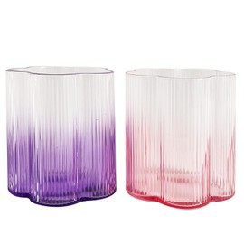 whatAmug Ribbed Drinking Glasses Set of 2 7oz Gradient with Flower Wavy for Adults, Vintage Colored Origami Style Glassware, Vertical Stripes Water Glass for Juice, Cocktail, Iced Coffee