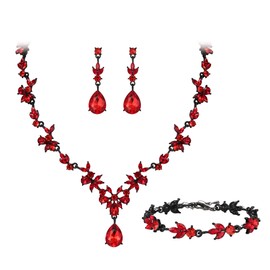 BriLove Wedding Jewelry Set for Women Bride, Y-Necklace Tennis Bracelet Dangle Earrings Set Crystal Teardrop Marquise Cluster Jewelry for Bridal Bridesmaid Ruby Color Black-Tone