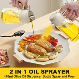Oil Sprayer for Cooking, 2 in 1 Oil Dispenser for Kitchen, 470ml Olive Oil Dispenser Bottle Spray and Pour, Oil Spray Bottle with Oil Brush & Cleaning Brush, Cooking Oil Sprayer (Creamy White)