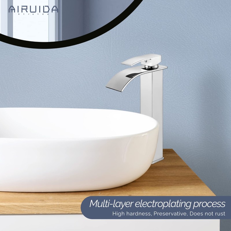 Airuida Tall Bathroom Vessel Faucet Chrome Polish Waterfall Bathroom Single