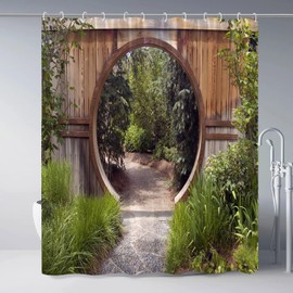 ZZYSKS Courtyard Scenery Shower Curtain Spring Green Leaves Plant Landscape Chinese Classical Architecture Arch Retro Bathroom Decor Set Polyester Fabric with Hooks 70Wx70H Inch