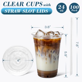 Ginkgo 100 Pack 24oz Clear Plastic Cups with Lids and Straws - Disposable Cold Drink Cups for Iced Coffee, Smoothies, Soda, Juice, Party or Commercial Use
