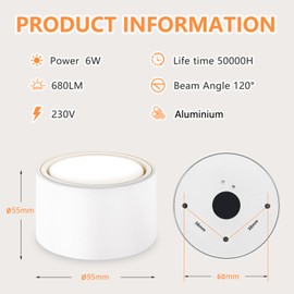 GeyouLux LED Surface-Mounted Spotlights, White, Diameter 95 x 55 mm, Surface-Mounted Ceiling Spotlights, Includes 6 W 680 LM GX53 Module 230 V-4000 K Neutral White, Aluminium Surface-Mounted Light