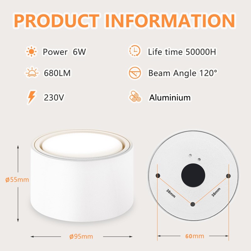 GeyouLux LED Surface-Mounted Spotlights, White, Diameter 95 x 55 mm,