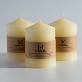MOZEAL 3" x 4" Hand-Poured Unscented Ivory Pillar Candles,Dripless Candles Set of 3,Smokeless,Clean Burning,Approx 60 Hours Burn Time,Wedding,Dinner,Christmas,Home Decor（3 Inch Width Series）