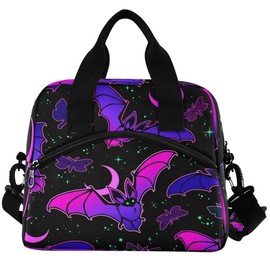 Mnsruu Lunch Bag, Purple Bat Gothic Insulated Lunch Box Cooler with Shoulder Strap School Picnic Snack Water Resistant Thermal, Bottle Holder, PBA Free