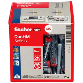 fischer DuoHM 5 x 55 S TX Cavity Dowels with Metric Panhead Screw and TX Drive for Fixing TV Brackets, Lights, Wall Shelves, etc. in Panel Building Materials, Pack of 25