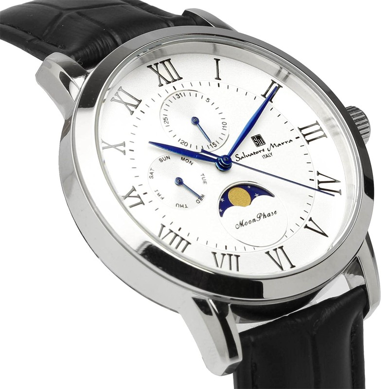 Salvatore Mara SM21106-SSWH Men's Wristwatch, Moon Phase, Multi Calendar, Waterproof,