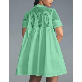 Shiyifa Womens Babydoll Lace Patchwork Dresses Summer Short Sleeve Ruffle Sundress Loose Crew Neck A-Line Dresses(Green-S)