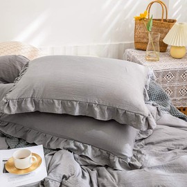 Forhomelife Set of 2 Pillow Cases 43x63 Ruffles Envelope Pillow Covers Peach Skin Antibacterial Odor Resistant Washable Cute Light Gray