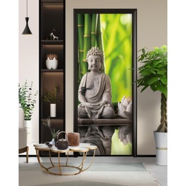 FLFK Door Mural Sticker - Buddha Statue Door Decal Wall Murals, Peel and Stick, Removable Self-Adhesive Door Wallpaper for Home Decor, Combined Size 30.3" W x 78.7" L, Split into 2 Pieces