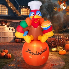 6 FT Thanksgiving Inflatable Turkey on Pumpkin Decorations with Chef Hat & Holding Hamburger - Blow Up Turkey with LED Lights for Fall Harvest Festive Yard and Lawn Outdoor Indoor Decor