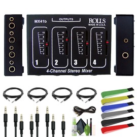 Rolls MX41b Stereo Four Channel Passive Mixer Bundle with 4-Channel Audio Splitter + Wire Straps + AUX Cable + 1/4 inch TRS + Audio Cable 3.5mm 1/8 inch Mono Male to RCA Mono Male Connectors and more