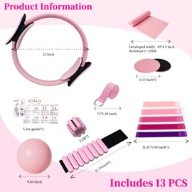 VNNYEOZ Pilates Ring Set Essentials Kit for Women with Magic Circle Ring and Ball,Core Sliders,Adjustable Ankle Wrist Weight,Exercise Resistant Bands,Accessories Equipment for Home Workout
