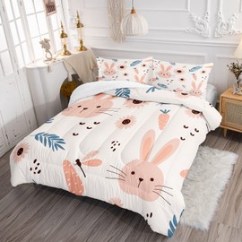 CVHOUSE Kawaii Rabbit Bedding Set for Girls Kids - Cute Full Size Comforter Set, Duvet Set With Rabbit Pattern, 3 Pieces Girls Room Decor