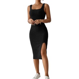 Womens Summer Tank Dress Casual Sleeveless Square Neck Dresses Bodycon Side Slit Sundress Midi Ribbed Sweater Dresses-Black-L
