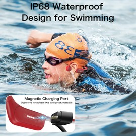 Wantek Bone Conduction Open Ear Bluetooth Headphones,32GB MP3 Player,IP68 Waterproof,2025 New Update Secure Fit for Workout,Running and Swimming,Built-in Microphone,Red
