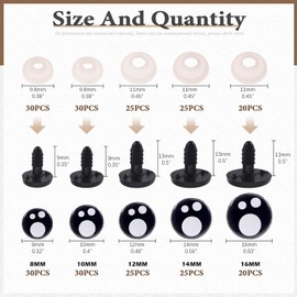 Wokape 260Pcs 8mm 10mm 12mm 14mm 16mm Resin Plastic Safety Eyes with Washers Assortment Kit, Plastic Doll Eyes Craft Eyes Black Stuffed Toy Eyes for Doll, Puppet, Plush Animal Making