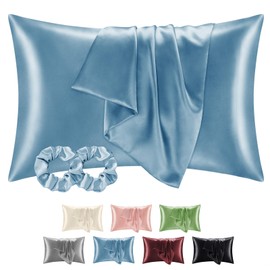 BEDELITE Pack of 2 satin cushion covers, 50 x 80 cm, haze blue, 2 satin pillowcases with 2 hair ties, soft as silk pillowcase, better care than silk pillose case