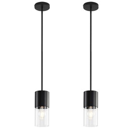 Modern Pendant Lights Kitchen Island, Black Farmhouse Hanging Lights Fixtures with Clear Glass Shade, Kitchen Pendant Lighting Over Island for Dining Room Table Living Room (2 Pack with Stem Rod)