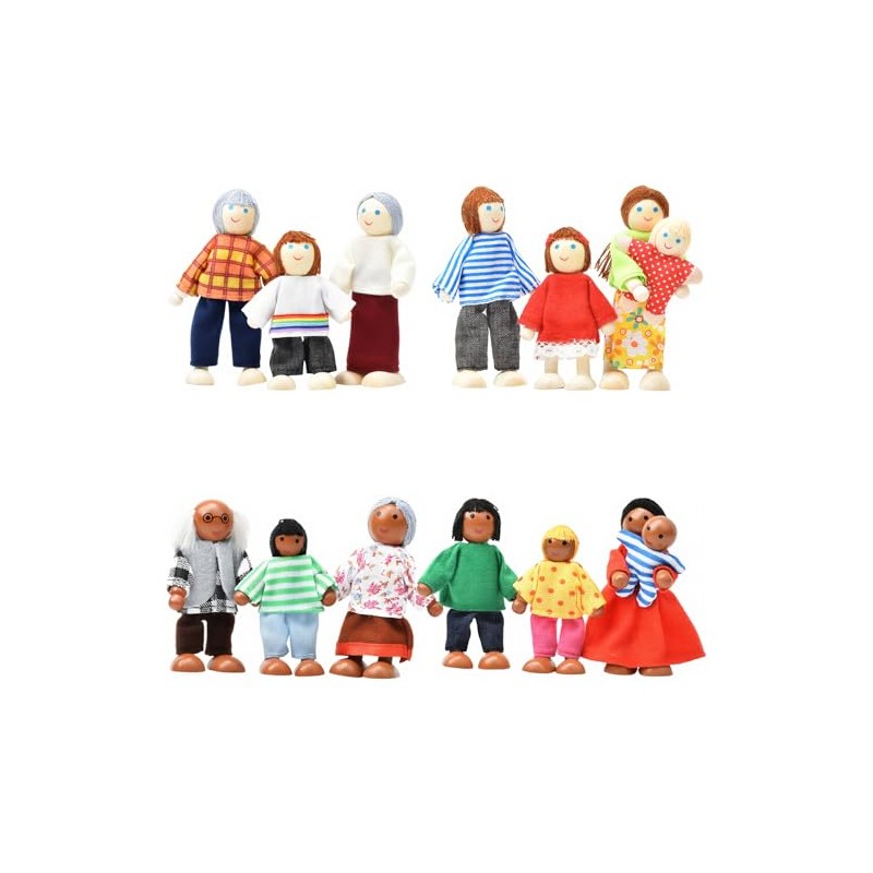 14 Pcs Wooden Dollhouse People Family Set with Movable Limbs,