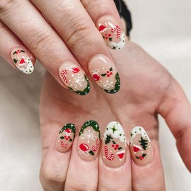 Christmas Press on Nails Short Almond Fake Nails French Tip False Nails Christmas Nails Press ons with Designs Candy Snowflake Glossy Glue on Nails Stick on Nails for Women Decorations 24 Pcs
