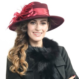 Women Wool Felt Dress Party Hats for Fall, Winter Church Hats 1920s 1950s 60s (Claret)