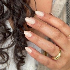 KQueenest Upgrade Thick Acrylic Press on Nails Short Oval, Milky White Almond, Beige Oval Fake Nails for Women Daily Wear, Glue on Round in 24 Pcs