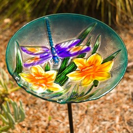 Alpine Corporation KBD160 10", Glass Birdbath Stake w/Flowers and Dragonfly