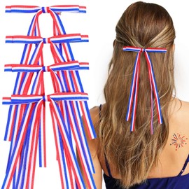 VOBOBE 4PCS 4th of July Hair Bows for Women Girls, Red White Blue Hair Clips Barrettes for Girl with Long Tail Satin Hair Accessories (Red White Blue)