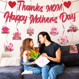 Need DIY Mothers Day Decorations Banner and Hanging Swirls Thanks Mom Happy Mothers Day Banner Pink I Love U Mom Flower Pattern Cutout with Hanging Swirls for Party