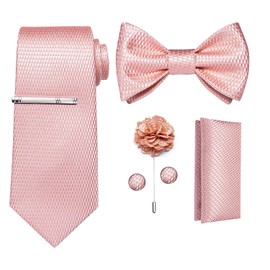 DiBanGu - Juego de corbata de seda para hombre y corbata de lazo, corbata de cachemira y gemelos cuadrados de bolsillo para bodas, Oro Rosa, Talla única