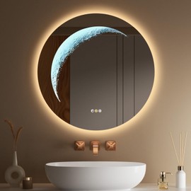 Callsky 24'' Circle LED Mirror, Frameless Round Smart Mirror with Backlit & Half Moon Light, Anti-Fog, 3 Color Modes, Dimmable Wall-Mounted LED Vanity Mirrors for Bathroom, Bedroom, Entryway