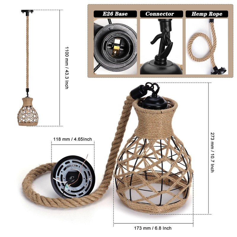 Kawell Hemp Rope Pendant Light Fixtures Vintage Farmhouse Ceiling Hanging