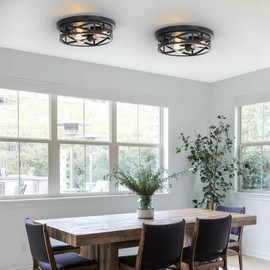 Youroke 13 Inch Flush Mount Ceiling Light 2-Pack, Farmhouse Metal Cage Semi Flush Mount Ceiling Light Fixtures, Black Close to Ceiling Light for Hallway Kitchen Bedroom Entryway