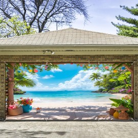 7x16ft Tropical Beach Garage Door Cover Greenery Palm Trees Garage Door Summer Decorations Banner for 2 Car Garage Large Hawaiian Banners for Outdoor Luau Party Supplies