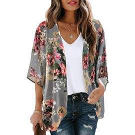 Women's Floral Print Puff Sleeve Kimono Cardigan Loose Cover Up Casual Blouse Tops (Dark grey, S)