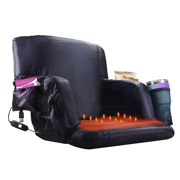 Blufree Heated Stadium Bleacher Seat, Foldable Portable Heated Chair,6 Reclinng Positions Back Support Thick Cushion Stadium Chairs for Outdoor Sporting Events & Games. (Not Include USB Power Bank)