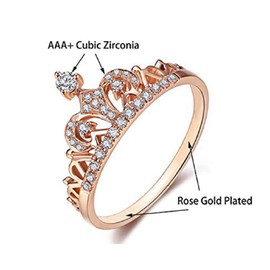 Lzz 18K rose gold gold plated transparent exquisite princess queen crown headdress ring compact round cut white cubic zirconia diamond accent fashion promise ring size 5-10 (US code 6)
